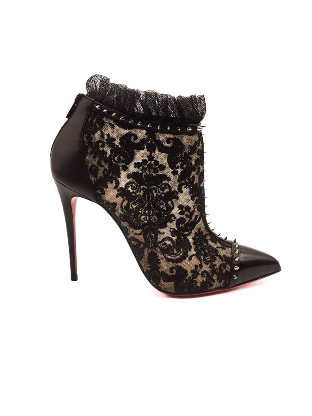 Christian Louboutin Lace Patent Leather Spiked Black Heeled Booties EU 37.5